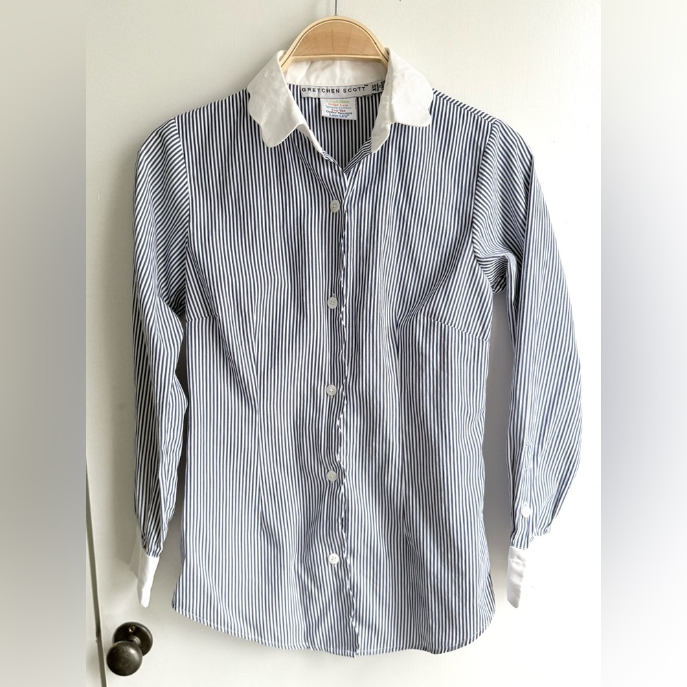 Gretchen Scott Navy Stripe Button Down Top Contrast Scallop Collar XS